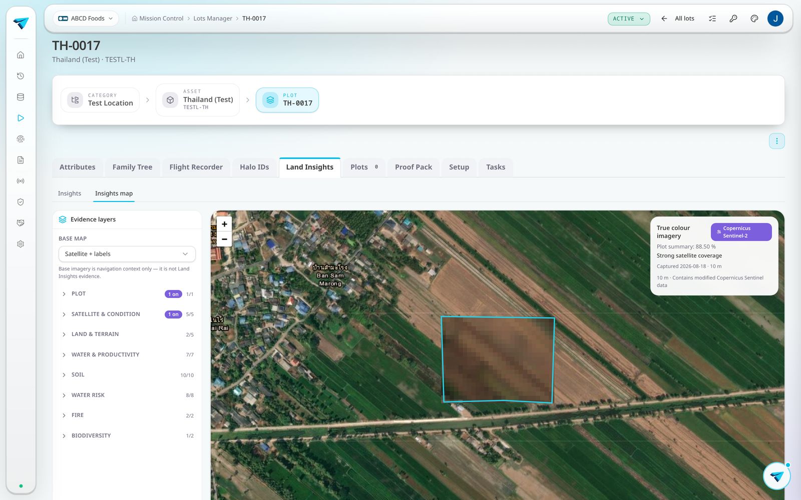 Haloglide Orbit Land Insights map with a plot boundary over satellite imagery and selectable evidence layers