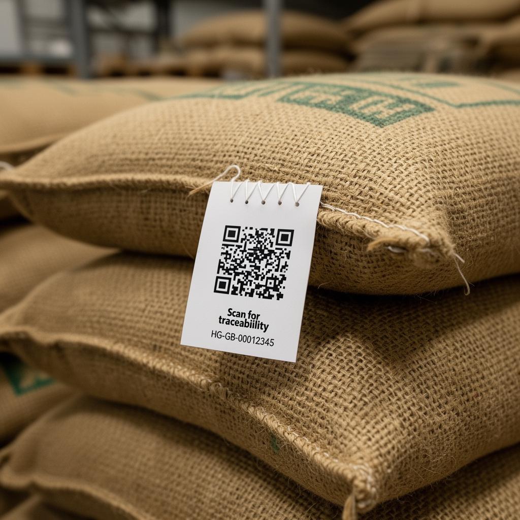 Burlap green bean coffee bag with a sewn-on HaloLink QR label.